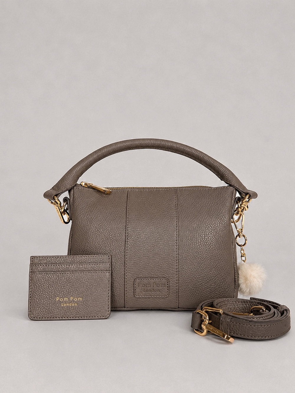 Taupe Leather Top-Handle Bag with Cardholder